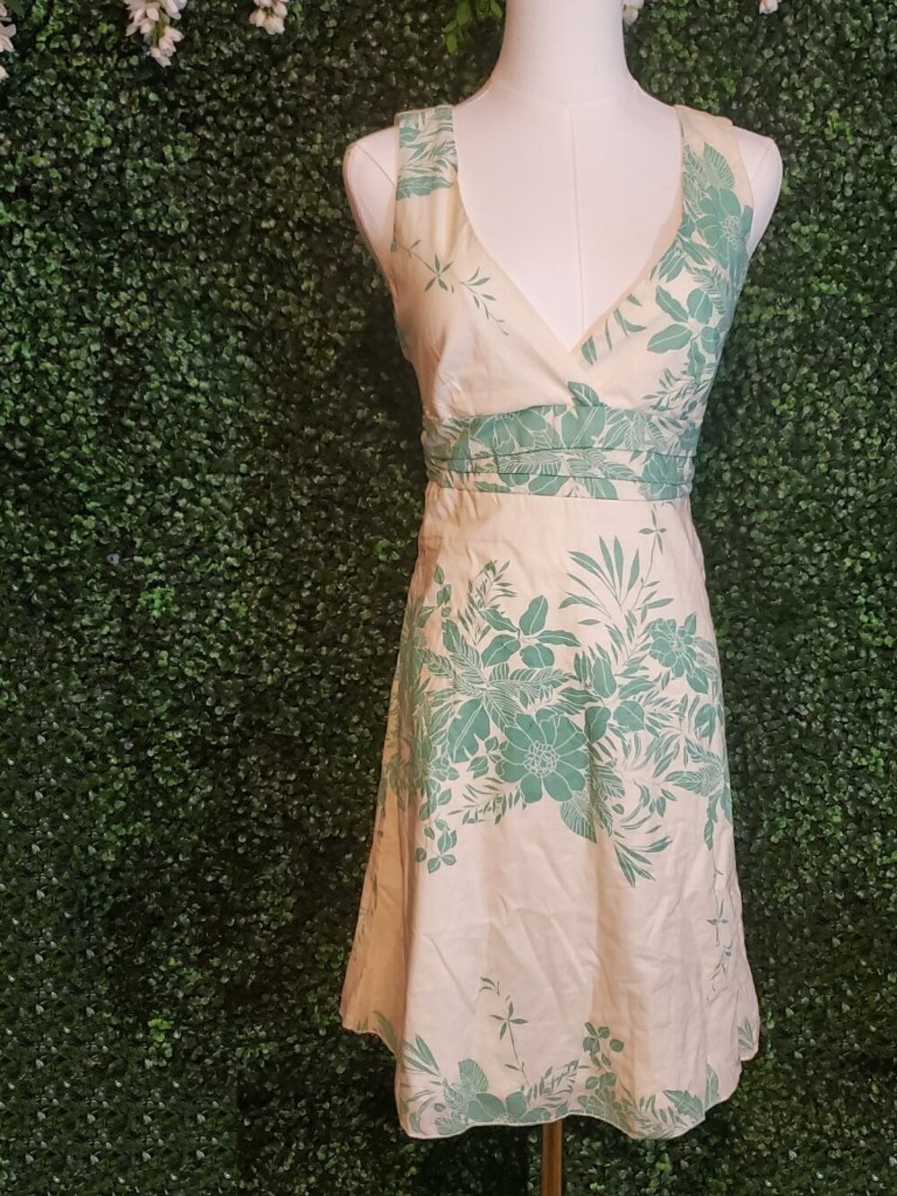 XXI Forever 21 Cream Mint Tropical Floral Wrap V-Neck Tie Back Cotton Dress S